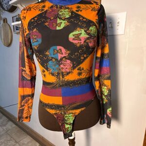 Akira sheer colorful bodysuit women’s size small long sleeve geometric abstract